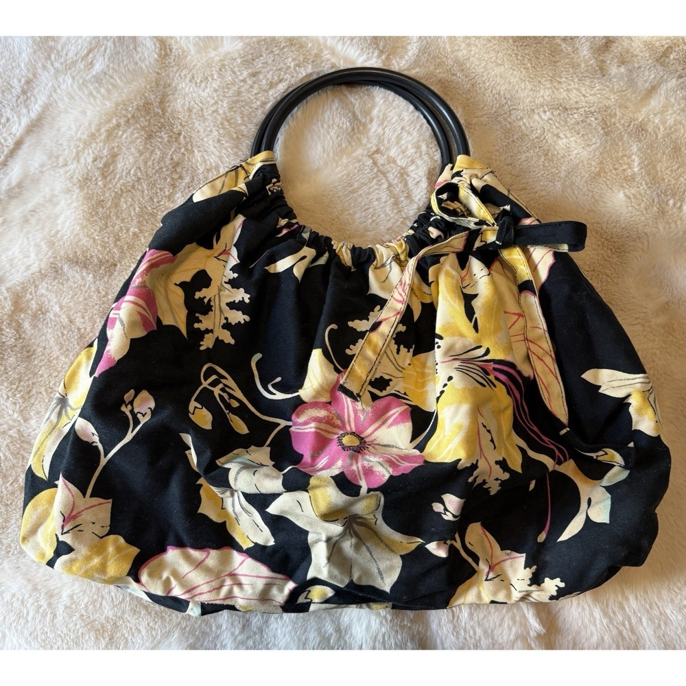 H & M Tropical Floral Fabric Loop Handles Large Bag Purse Bark cloth Style
